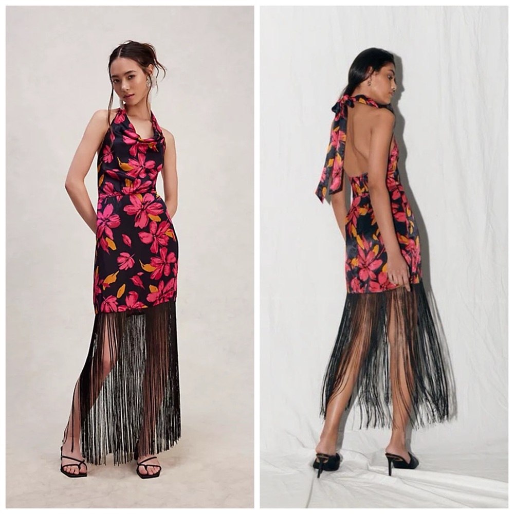 SAYLOR Black Floral Halter Maxi Dress with Pink & Orange Blooms